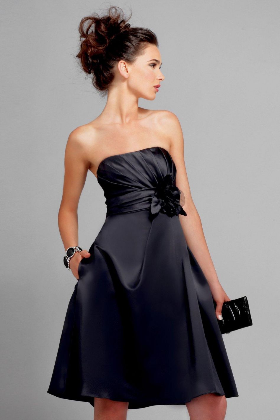 cocktail gown on Black Strapless Knee Length Sash Floral Chiffon Satin Bridesmaid Dress