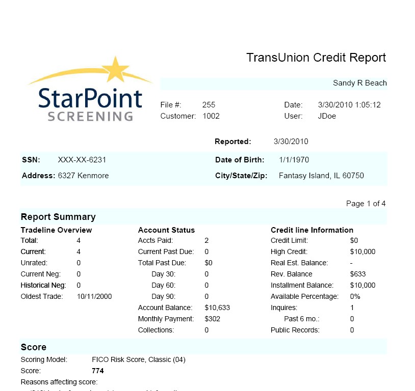 Transunion Credit Report. Tenant Credit Report