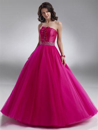 Beaded Full Length Tulle Ball Hot Pink Prom Dresses Fabric:Tulle,Taffeta