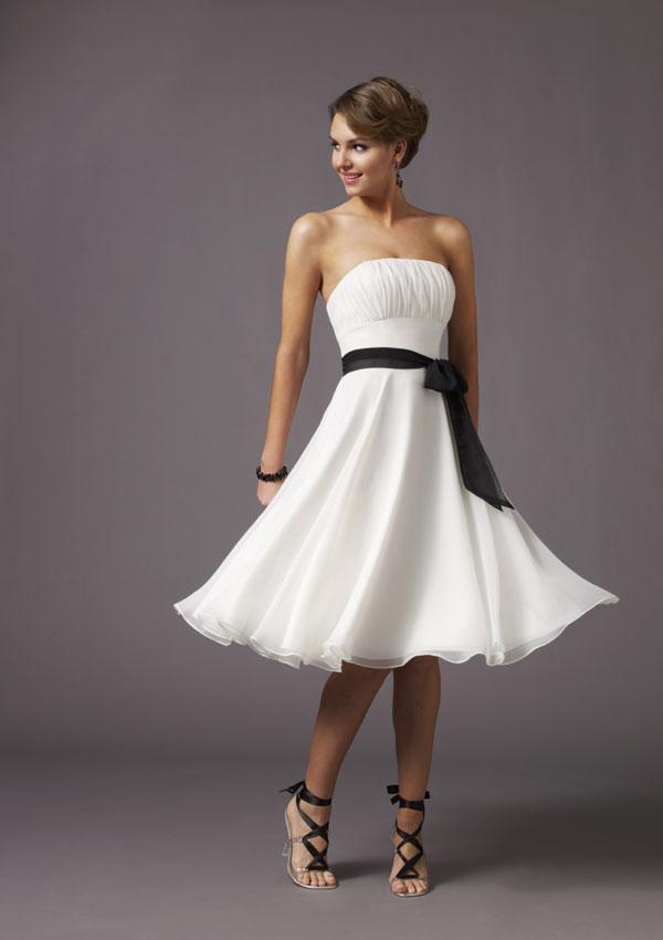 Strapless Knee length Black Sash Chiffon White Bridesmaid Dresses | PRLog