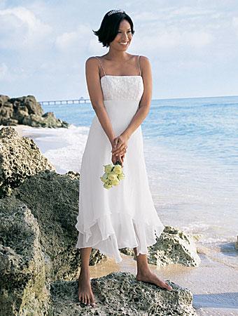 White Short Dress on Short Tea Length Crystal Beaded Chiffon Destination Beach Wedding