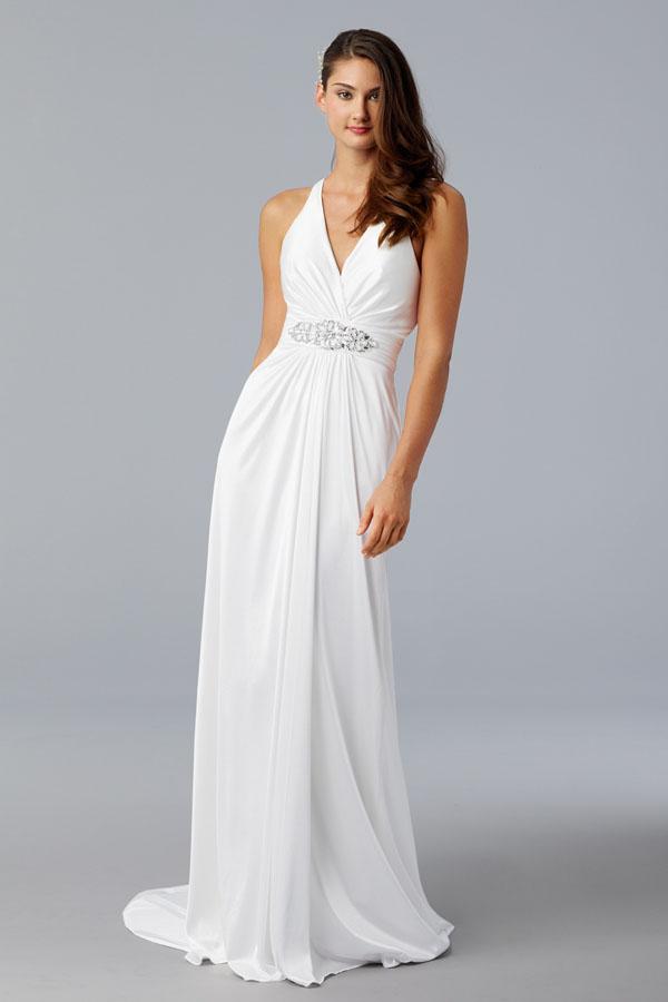 Diamond white Silky Jersey v-neck Beaded Column/Sheath Bridal Dress ...