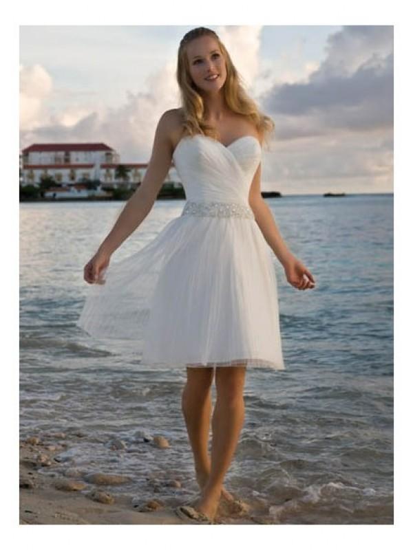 Short Beach  Strapless Satin  Tulle Beaded Princess Designer 