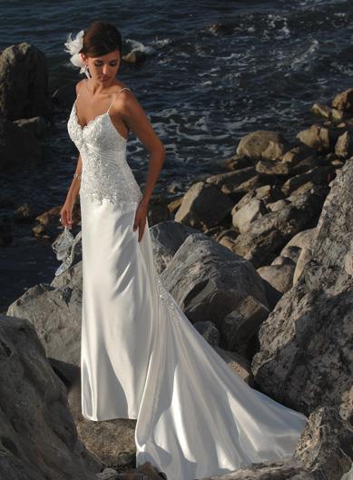 V neck Beaded Satin  Column Sheath Beach  Wedding  Dress  