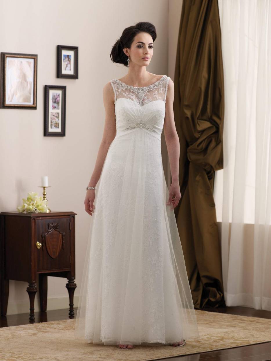 Simple Beaded Lace Satin Full Length A-line Informal Wedding Dress