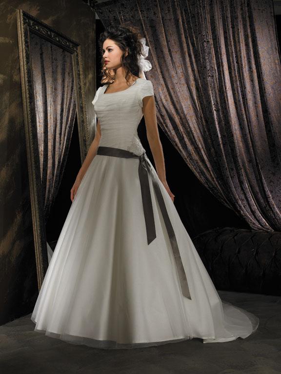 Sash Tulle Ball  Gown  Modest  Wedding Dress  With Sleeves 