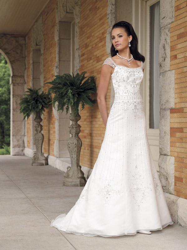 Bateau Beaded A line  Organza Wedding  Dress  Cap  Sleeves  