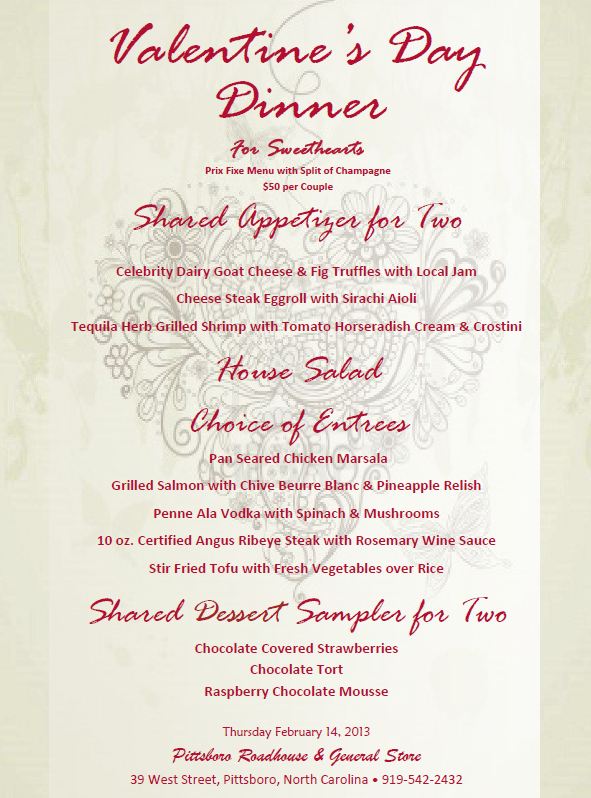 Valentines Day Dinner for Sweethearts Menu 2013