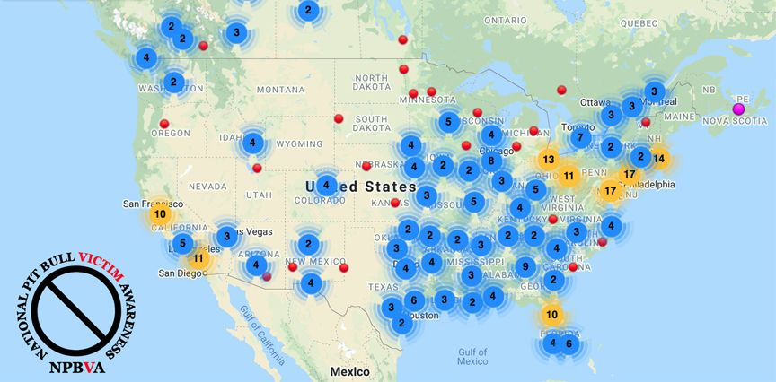 Map of media reports of pit bull attacks