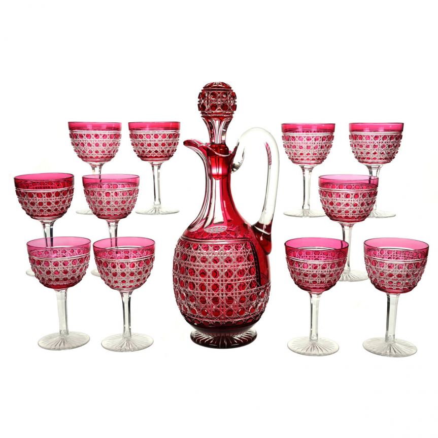 Red cut to clear decanter set in the Cane pattern
