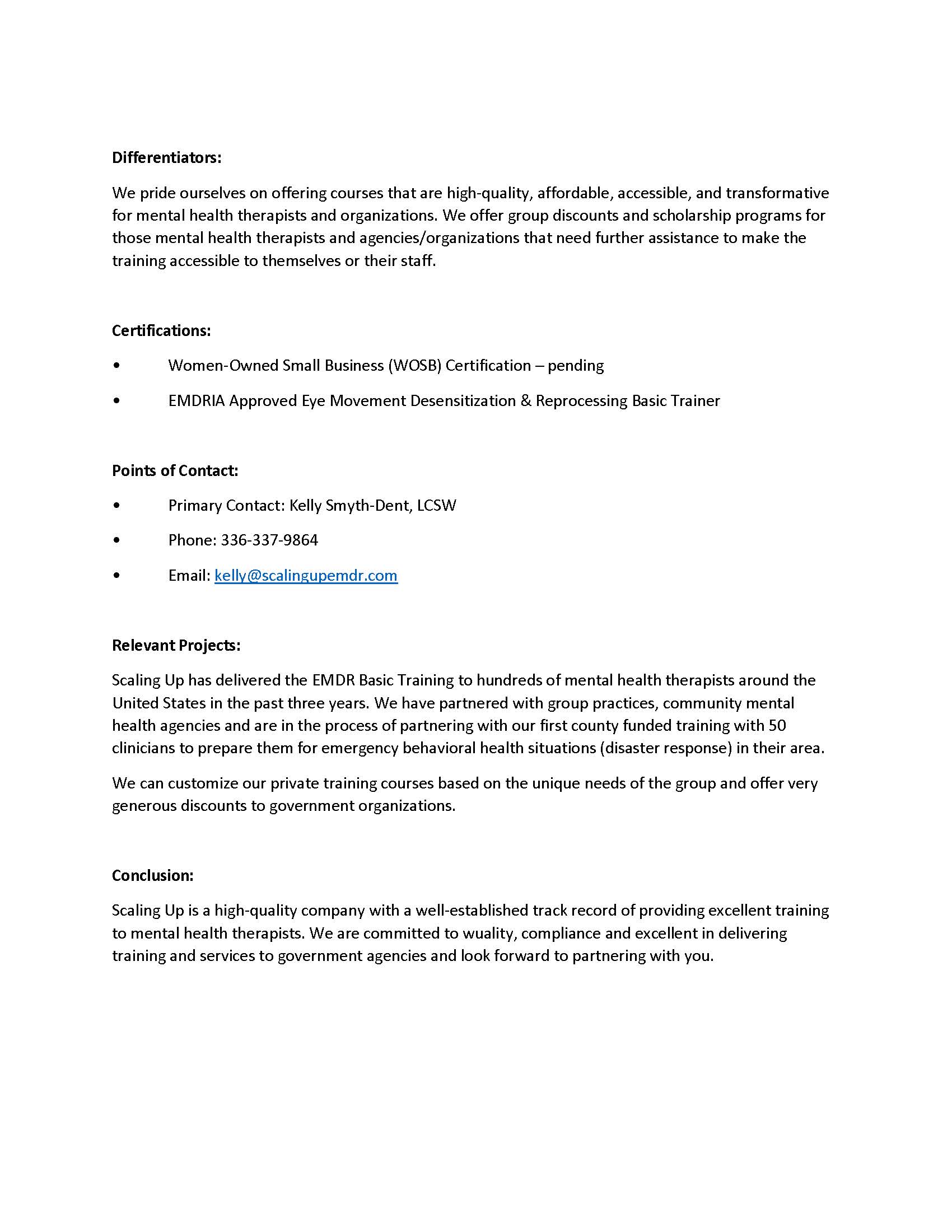 Scaling up, LLC Capabilities Statement Page 2